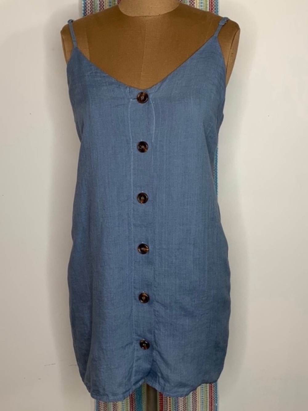 Slip Dress The Impeccable Pig Blue Linen Blend Button Front Size Medium
